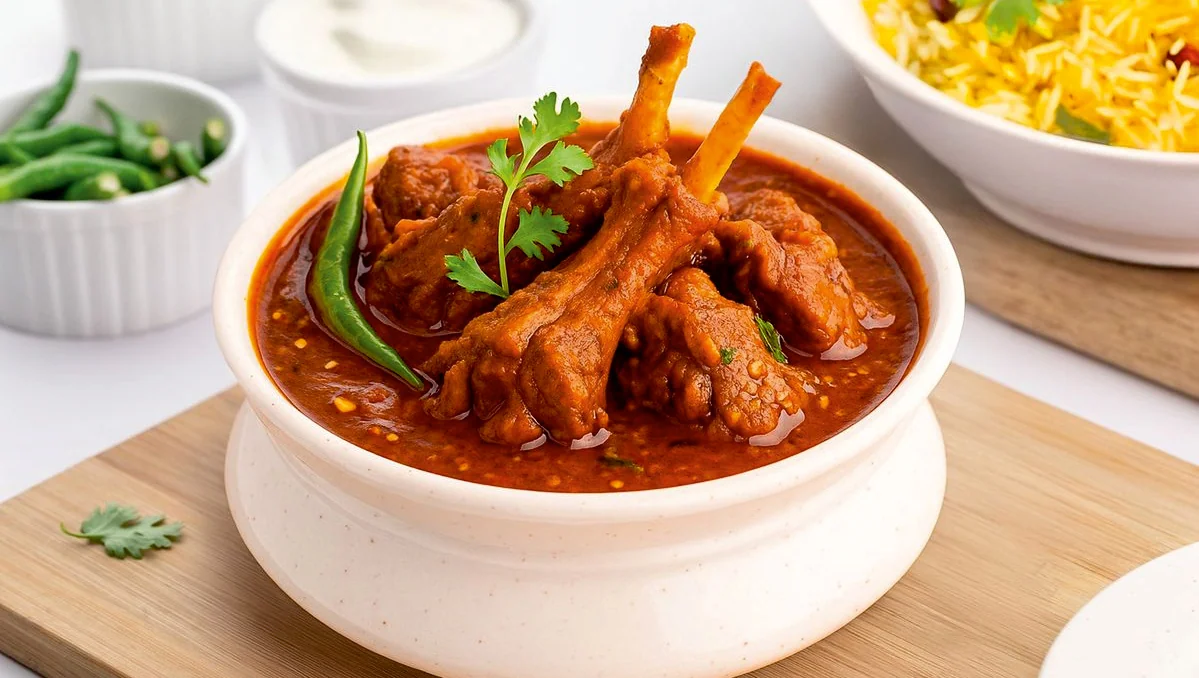 Rich Indian mutton curry displayed in the supplied restaurant menu